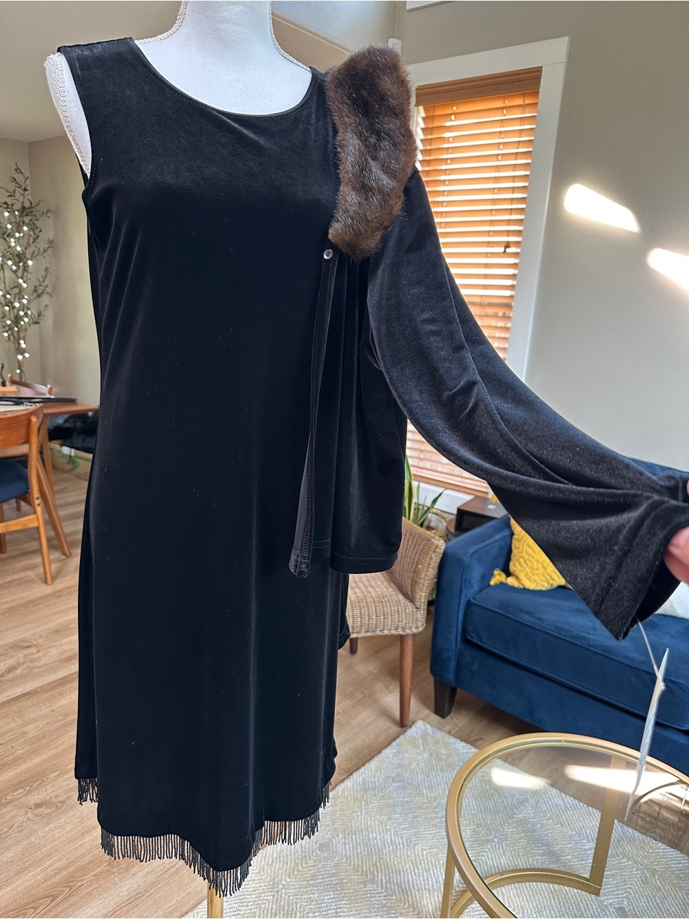 Vintage new with tags velvet dress set with beaded hem and faux fur collar. Rare